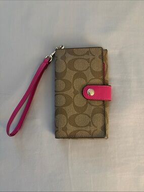 Coach Brown Signature Canvas Phone Wristlet with Pink Trim